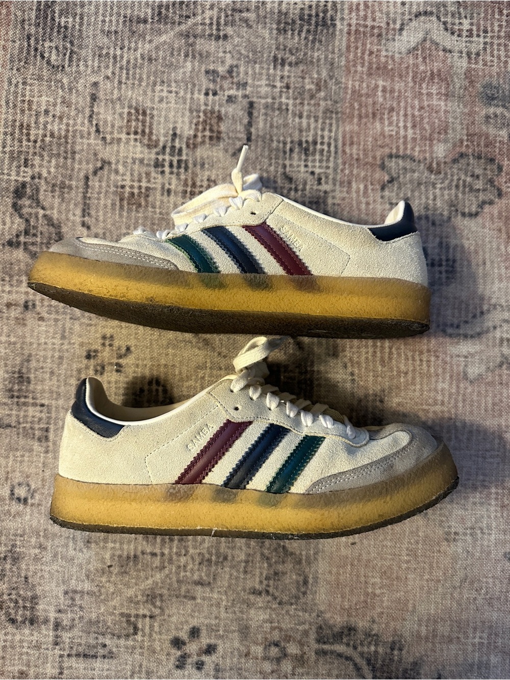 adidas White Suede Sneakers with Red, Blue, and Green Stripes